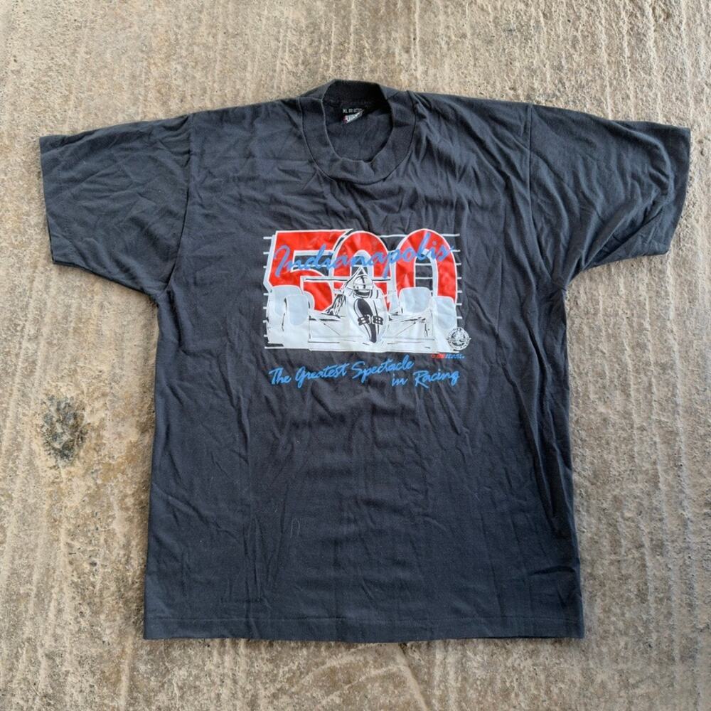 VINTAGE 80S INDY 500 T-SHIRT GRAPHIC FADED BLACK SINGLE STITCH RACING MENS XL